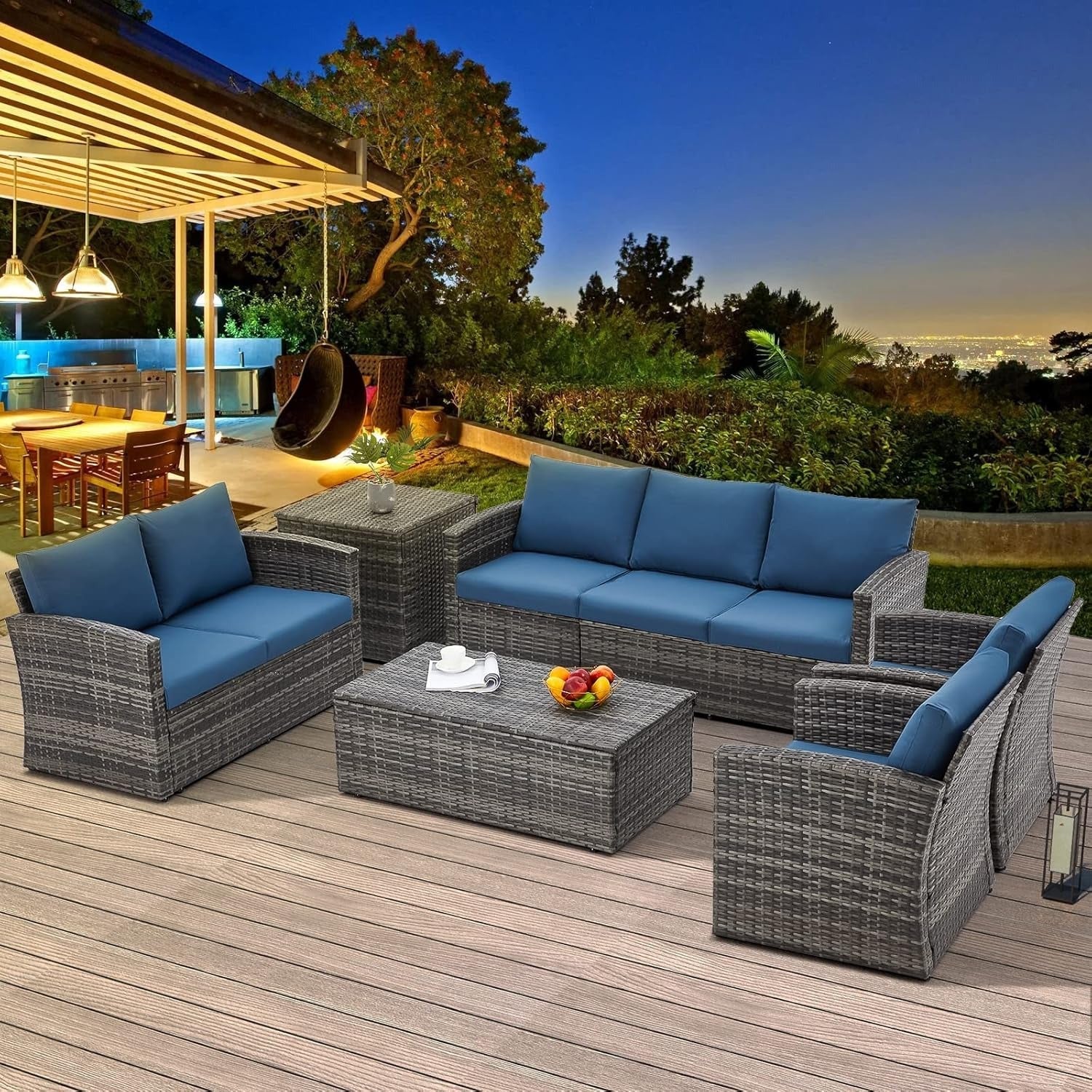 AECOJOY 7 PCS Outdoor Patio Furniture Sets with 2 Storage Boxes, Dark Blue