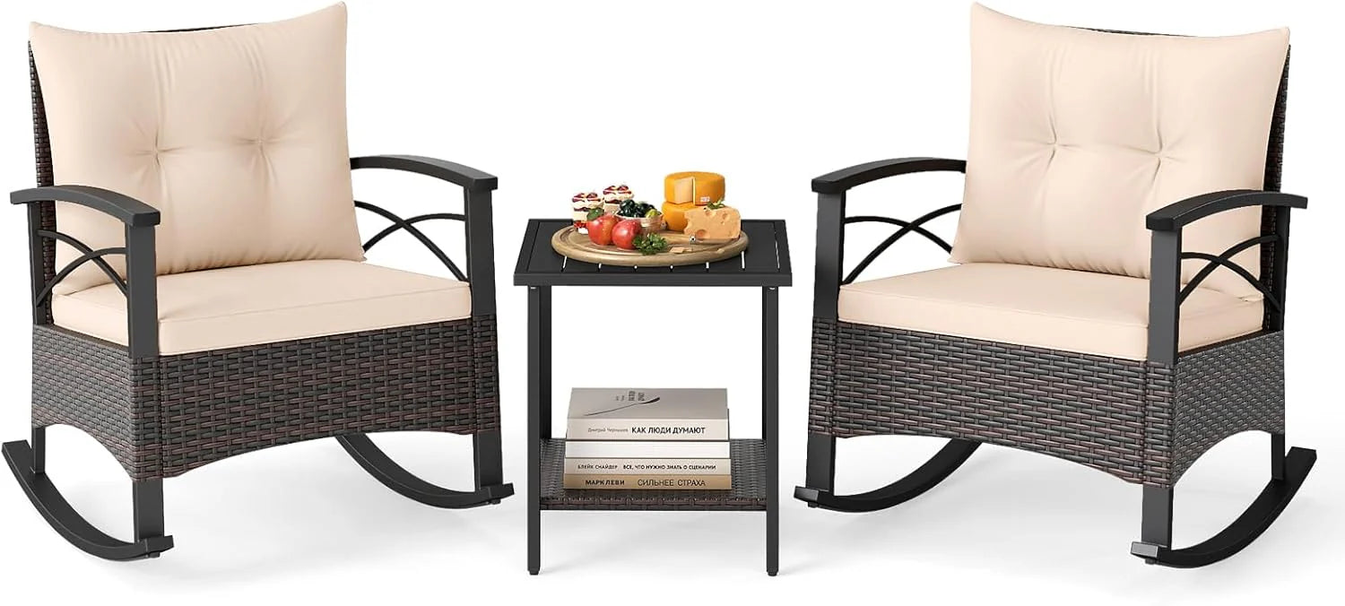 Tangkula 3 Piece Rocking Bistro Set PE Rattan Rocker Chairs with Acacia Wood Top Table