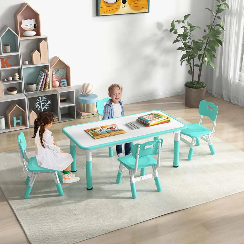 Kids Table and 4 Chairs Set, Height Adjustable Toddler Art Activity Desk with 4 Seats & Graffiti Desktop for Home, Daycare & Playroom