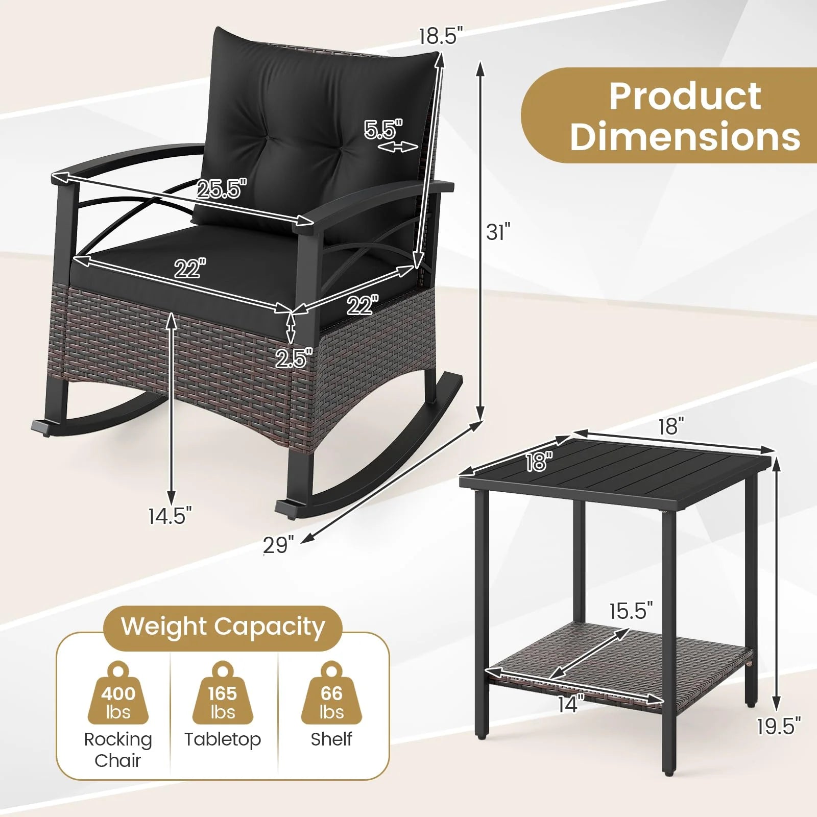 Tangkula 3 Piece Rocking Bistro Set PE Rattan Rocker Chairs with Acacia Wood Top Table