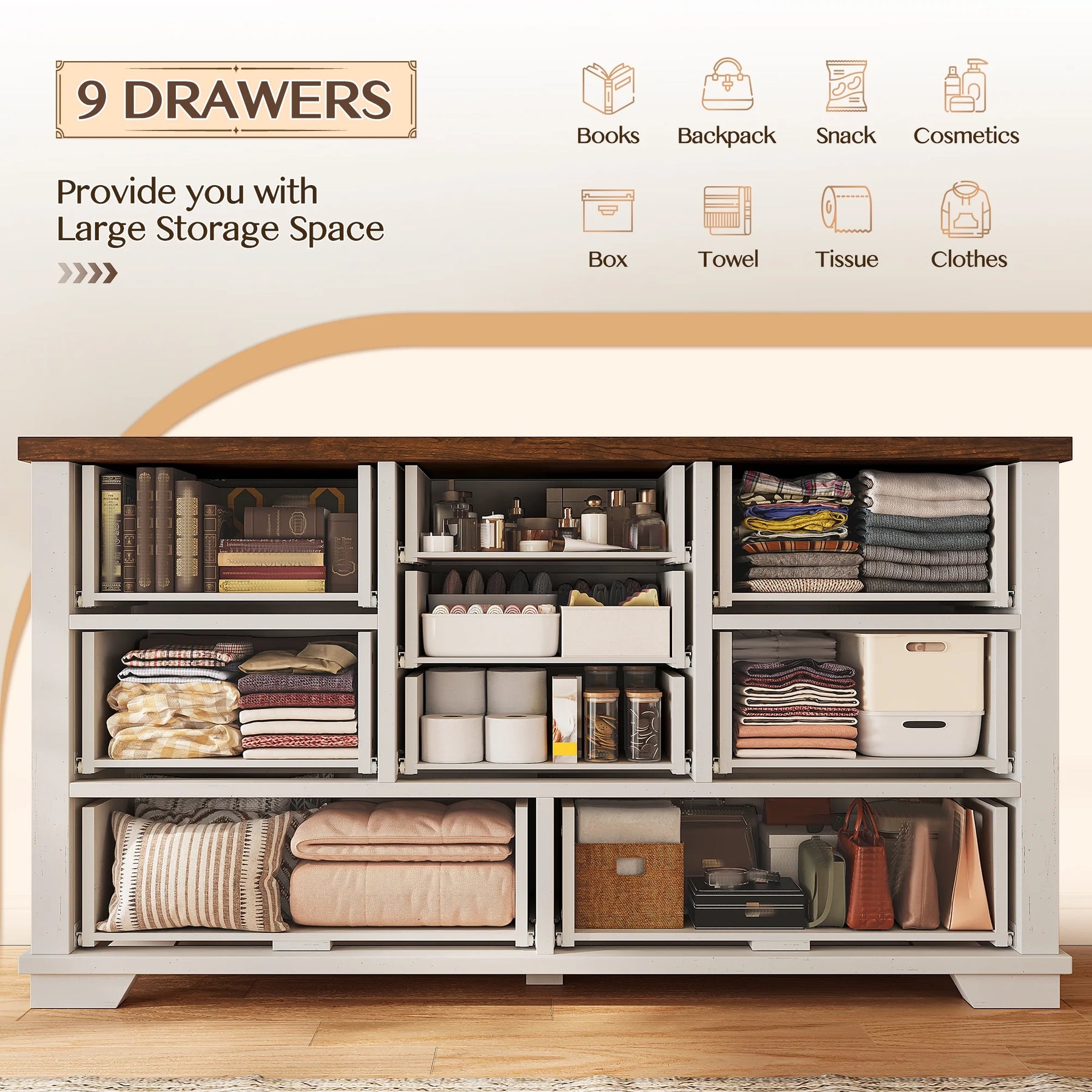 Enhomee Wood Dressers for Bedroom with 9 Drawers White Dresser Chest of Drawers for Living Room