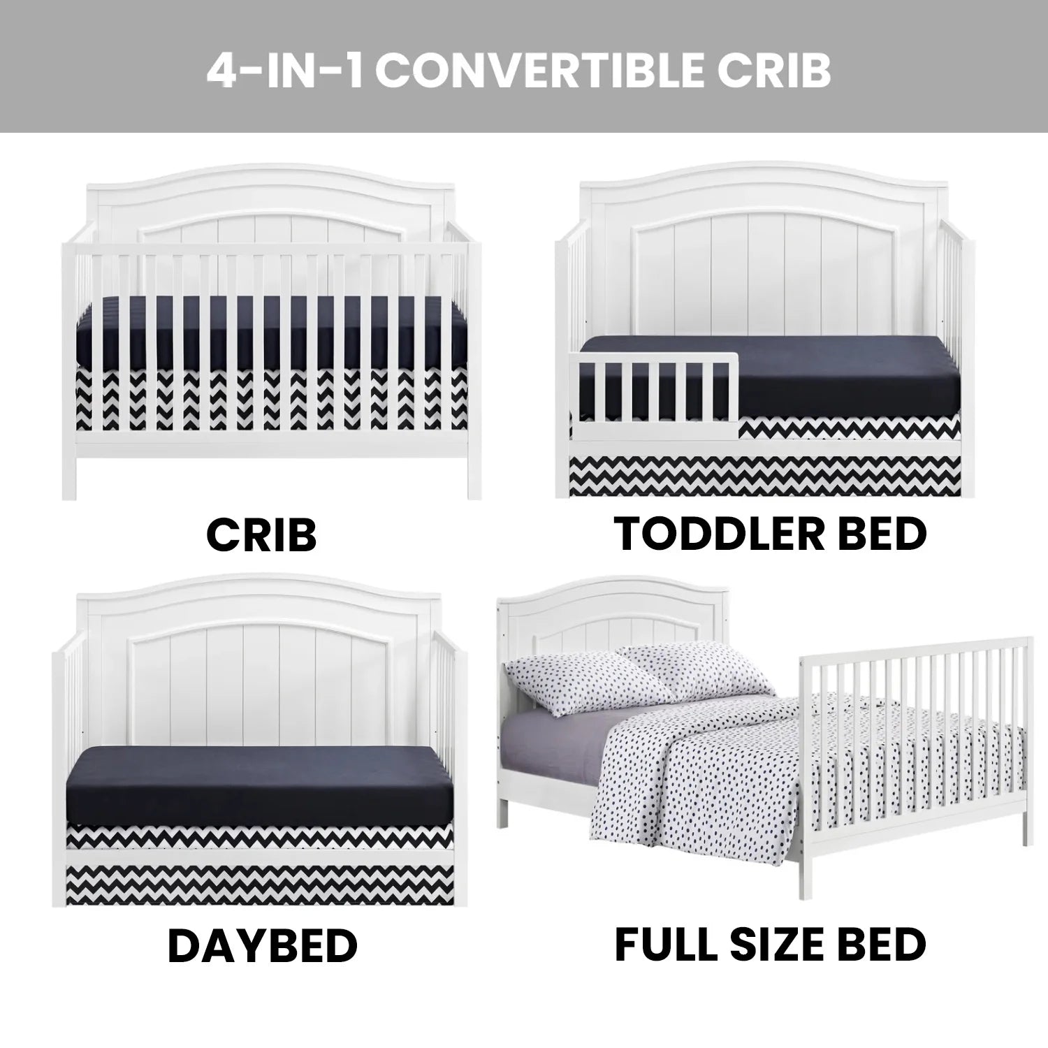 Oxford Baby North Bay 4 - in - 1 Convertible Crib, Snow White, GREENGUARD Gold Certified, Wooden Crib