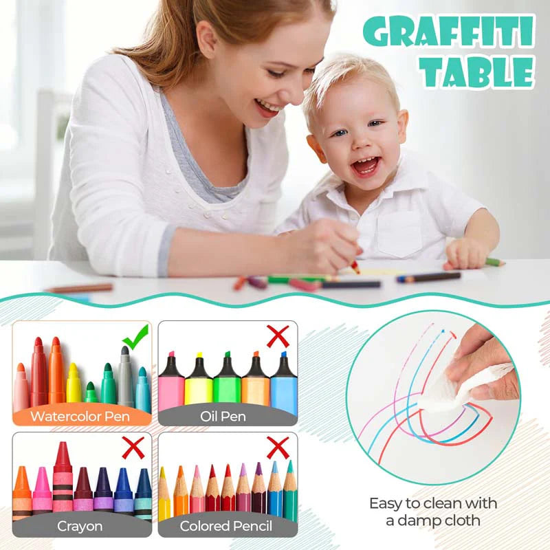 Kids Table and 4 Chairs Set, Height Adjustable Toddler Art Activity Desk with 4 Seats & Graffiti Desktop for Home, Daycare & Playroom