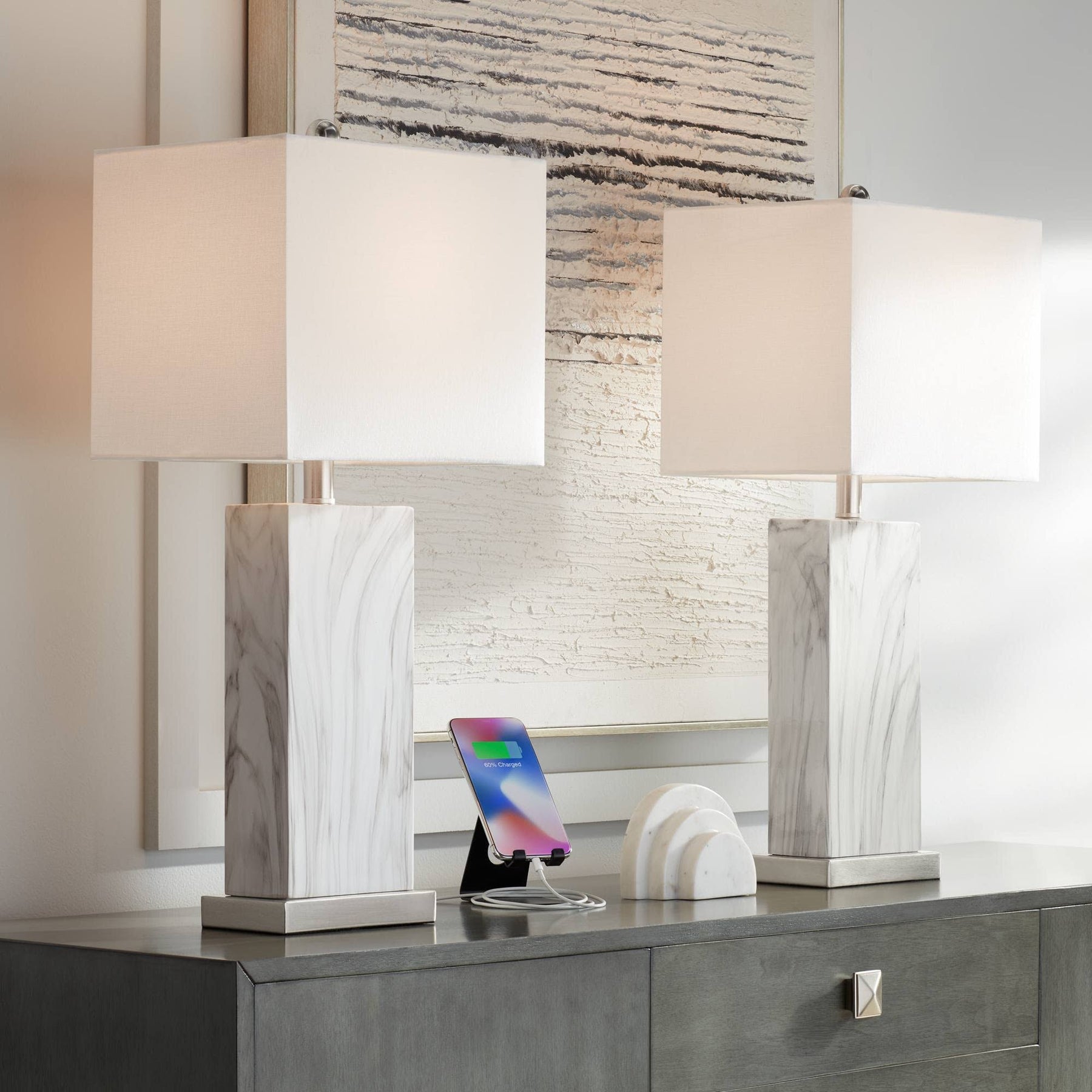 360 Lighting Connie Modern Table Lamps 25" High Set of 2 White Faux Marble with USB Charging Ports Rectangular Shade for Living Room Office Desk