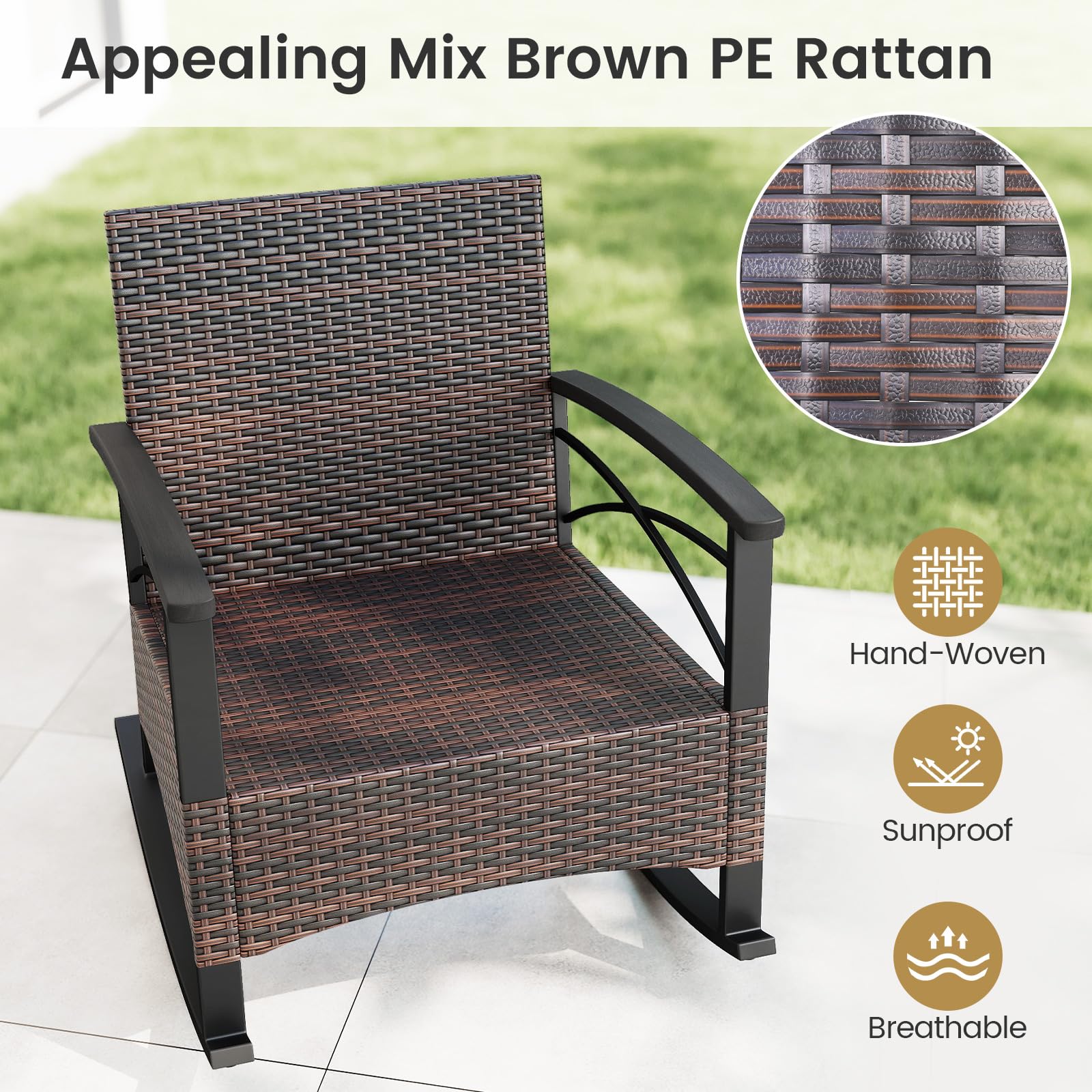 Tangkula 3 Piece Rocking Bistro Set PE Rattan Rocker Chairs with Acacia Wood Top Table