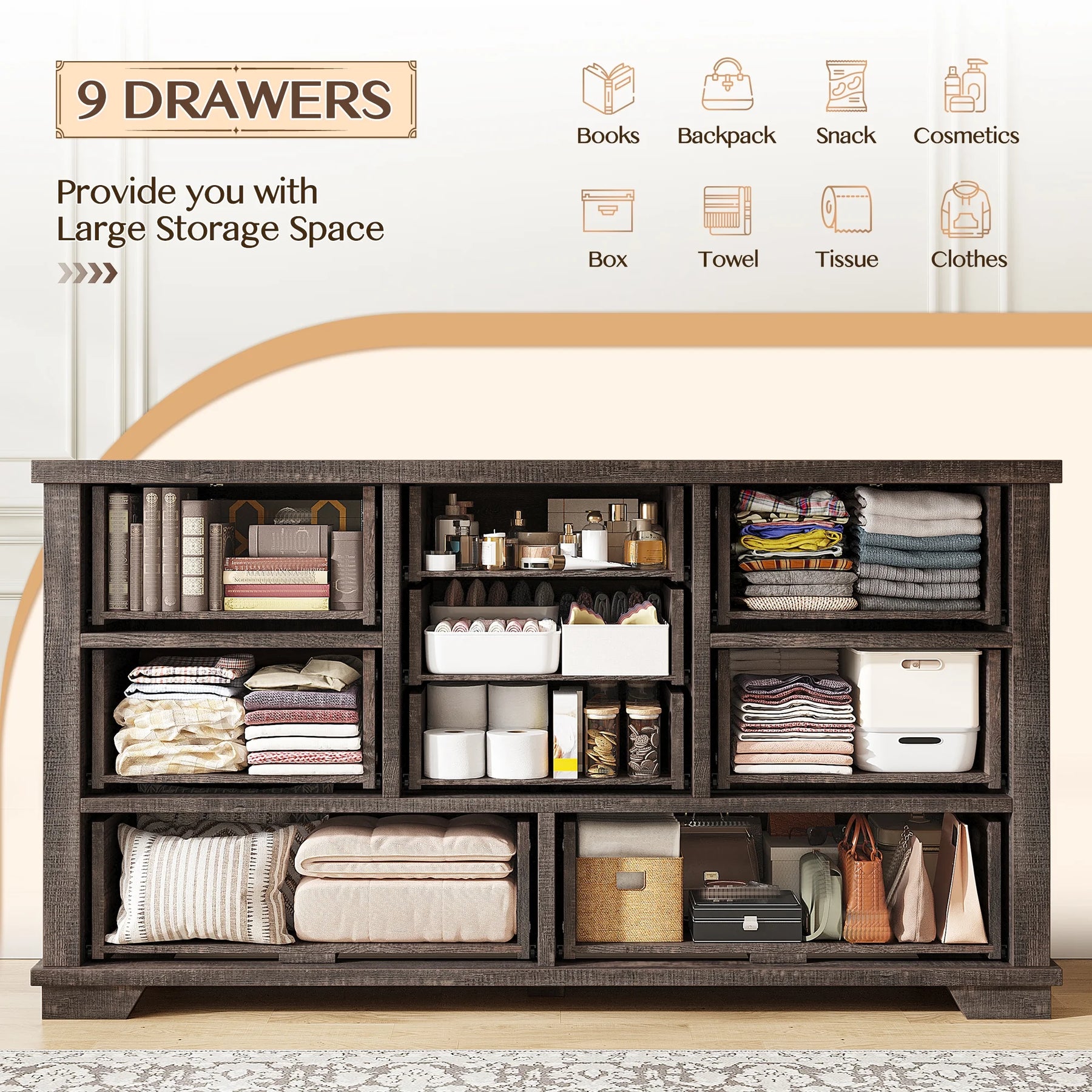 Enhomee Wood Dressers for Bedroom with 9 Drawers White Dresser Chest of Drawers for Living Room