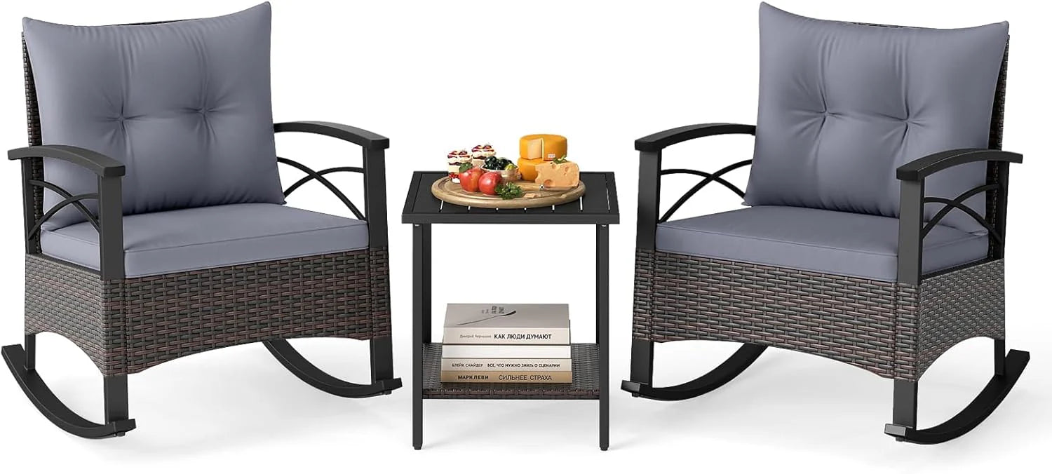 Tangkula 3 Piece Rocking Bistro Set PE Rattan Rocker Chairs with Acacia Wood Top Table