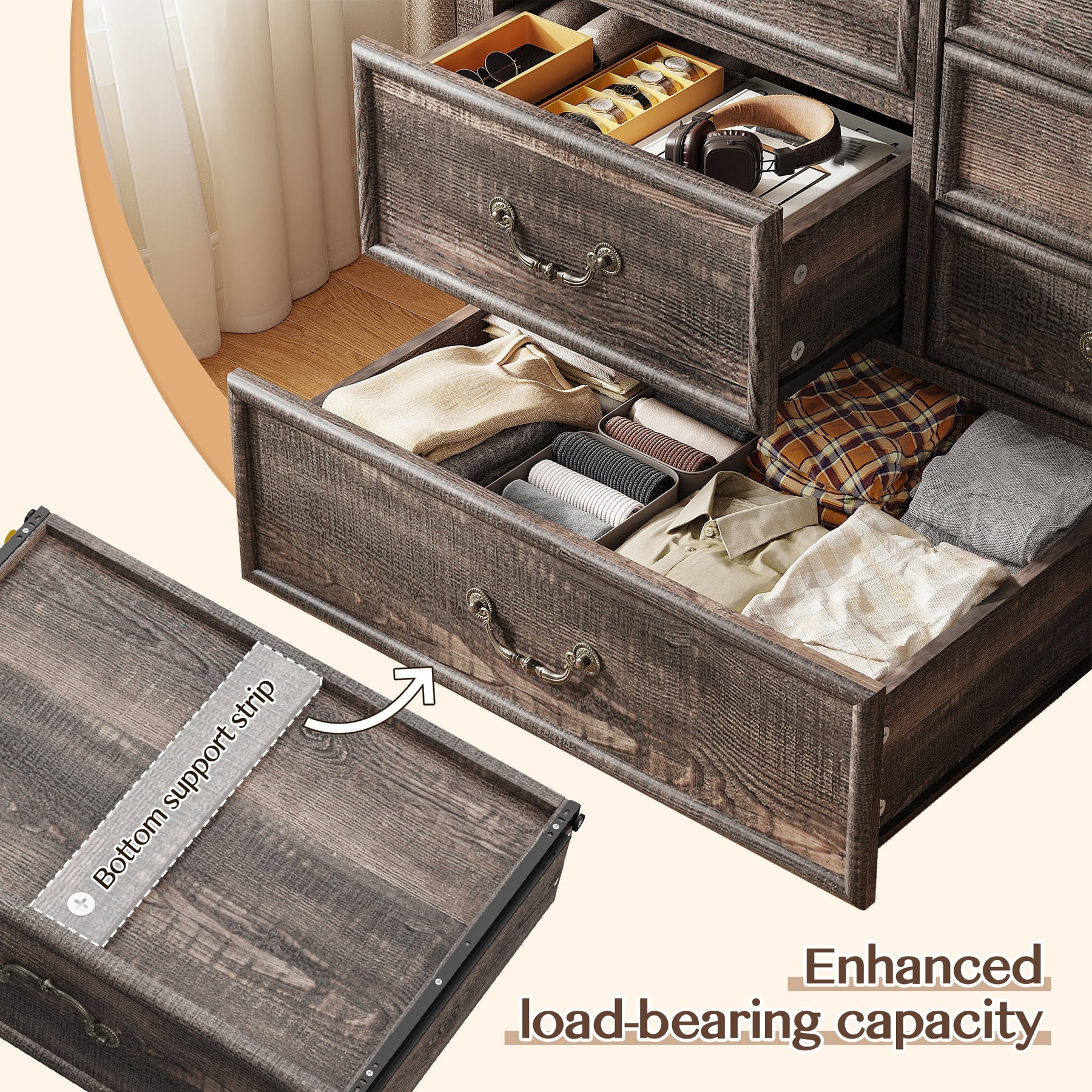 Enhomee Wood Dressers for Bedroom with 9 Drawers White Dresser Chest of Drawers for Living Room