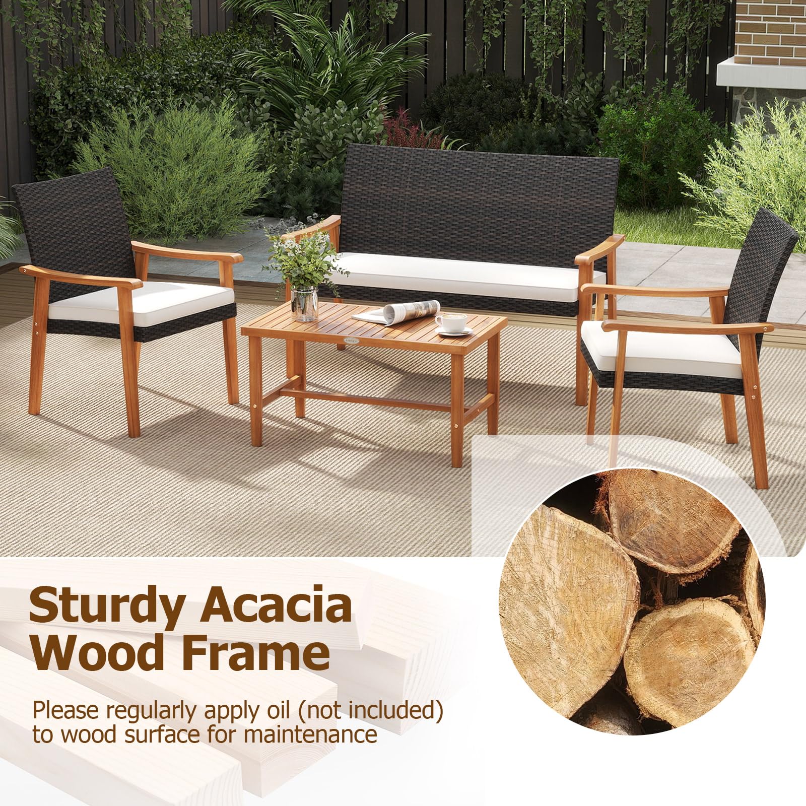 Tangkula PE Rattan Outdoor Cushioned Conversation Chairs with Acacia Wood Coffee Table