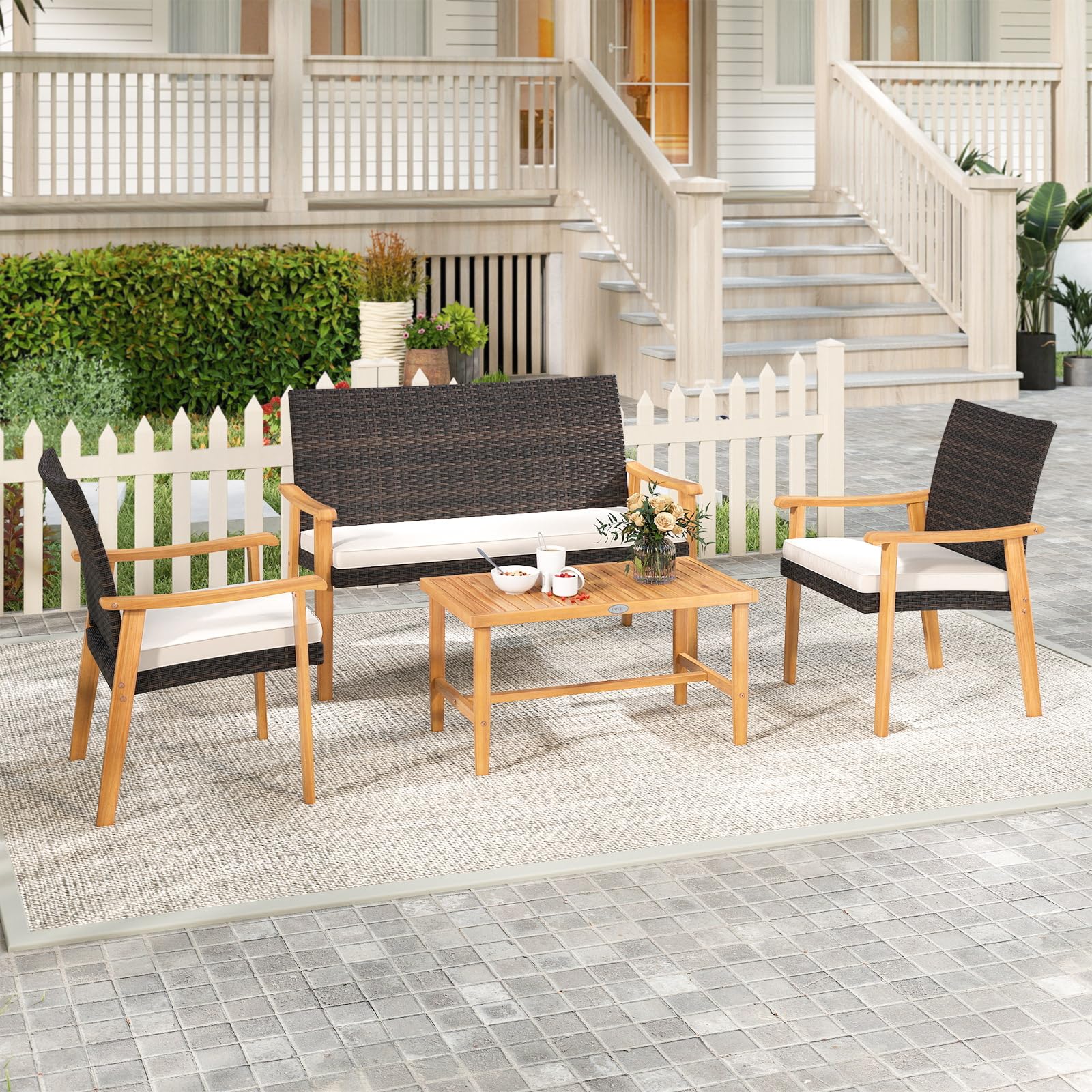 Tangkula PE Rattan Outdoor Cushioned Conversation Chairs with Acacia Wood Coffee Table