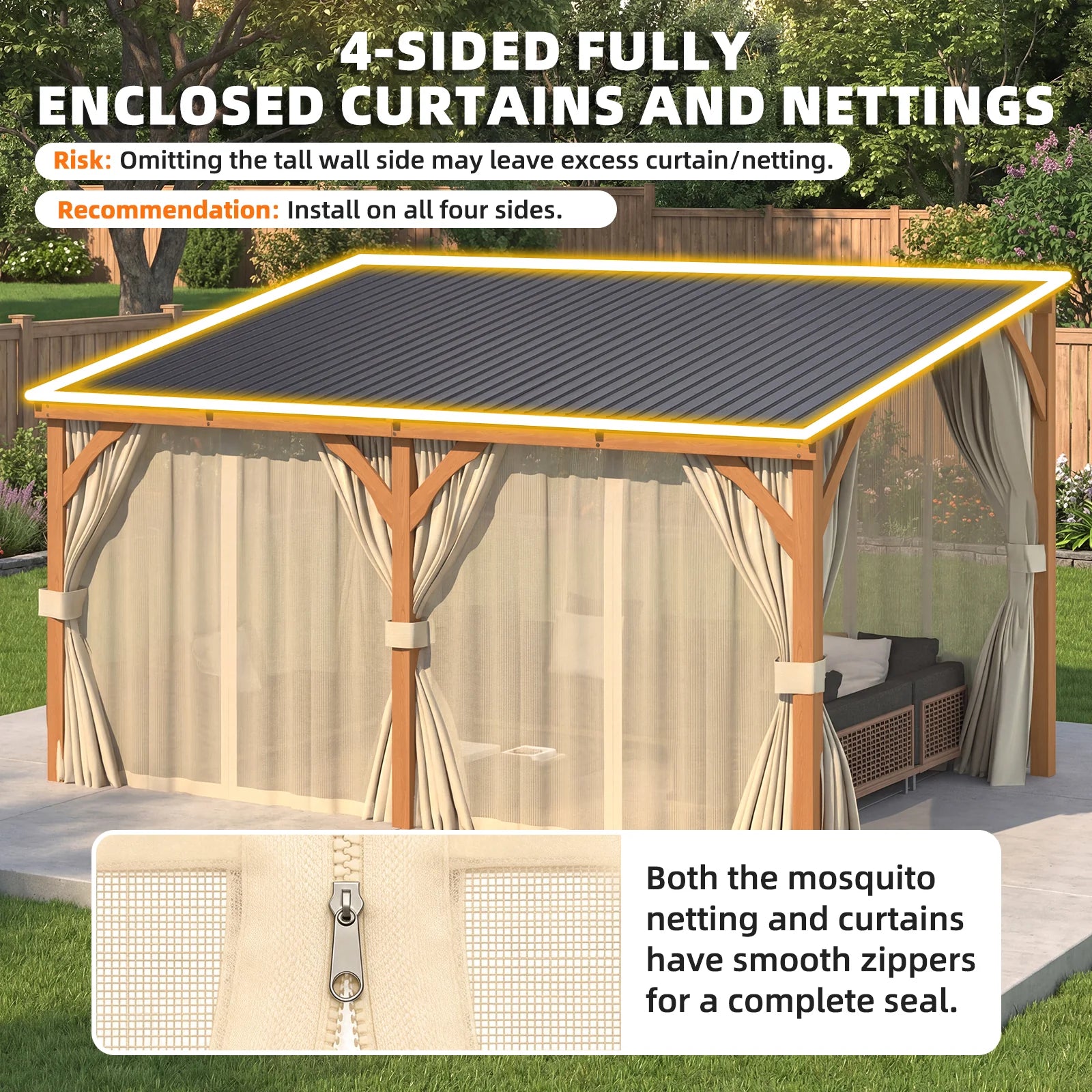 AECOJOY 20x10 Outdoor Wooden Pergola Gazebo with Curtains and Netting for Patio