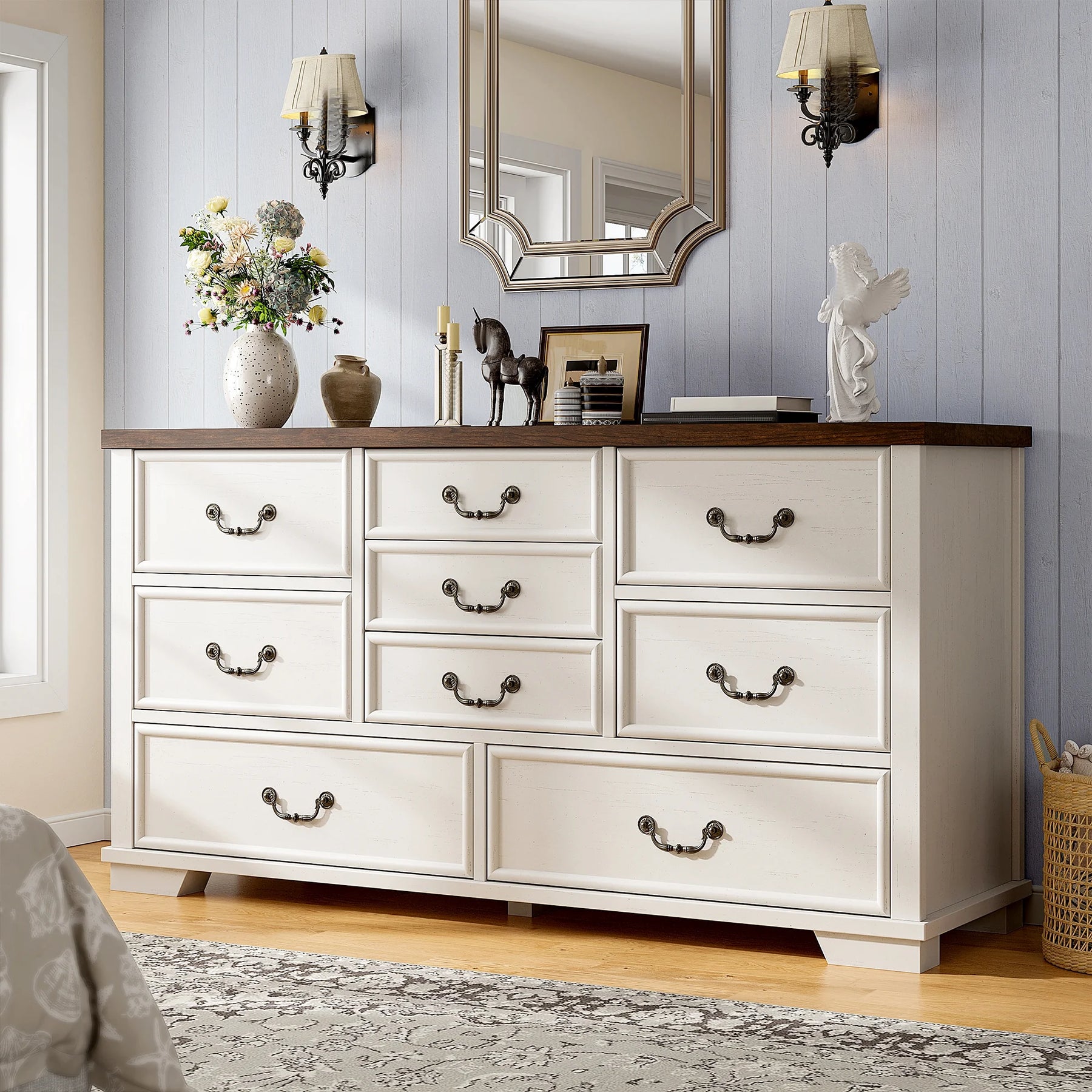 Enhomee Wood Dressers for Bedroom with 9 Drawers White Dresser Chest of Drawers for Living Room
