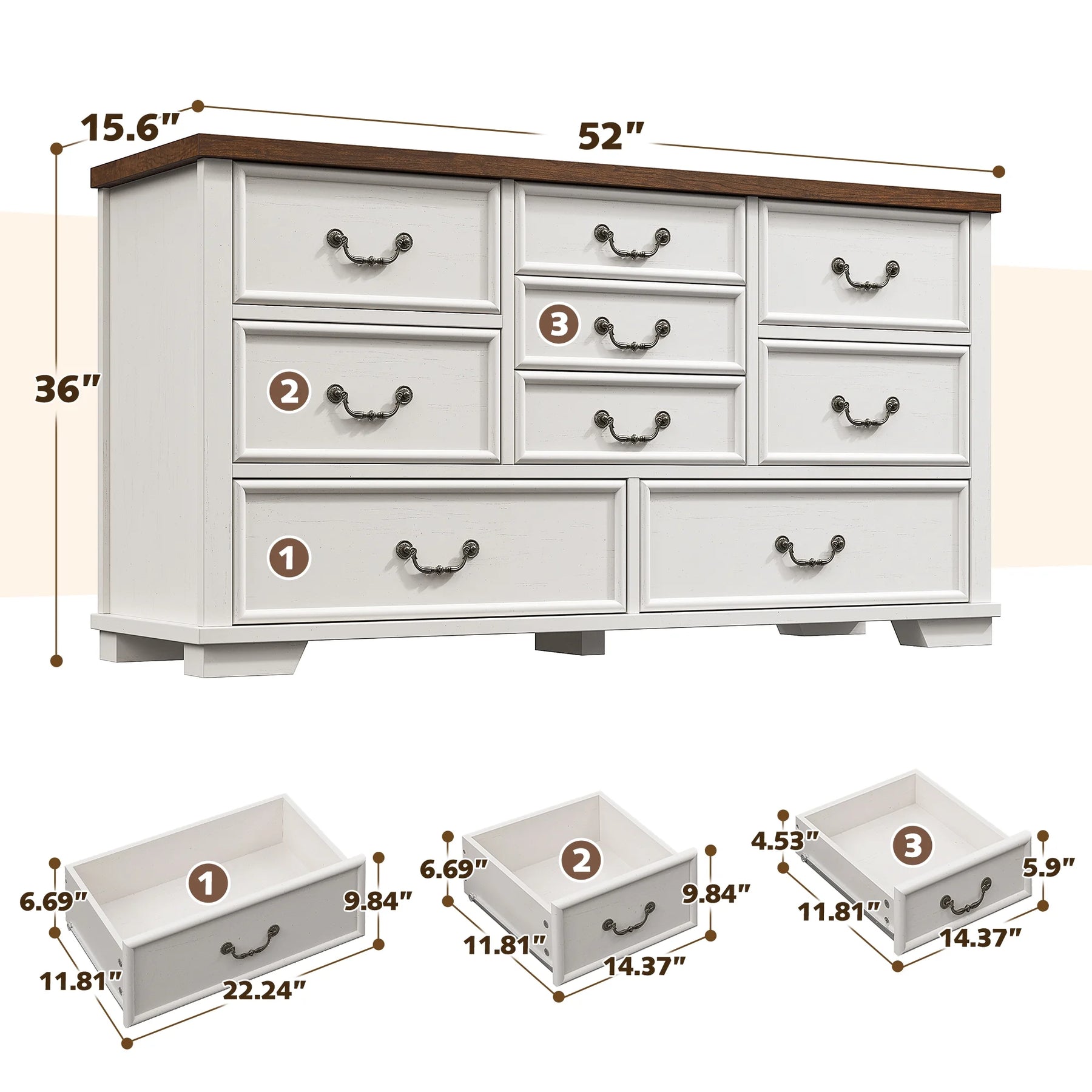 Enhomee Wood Dressers for Bedroom with 9 Drawers White Dresser Chest of Drawers for Living Room