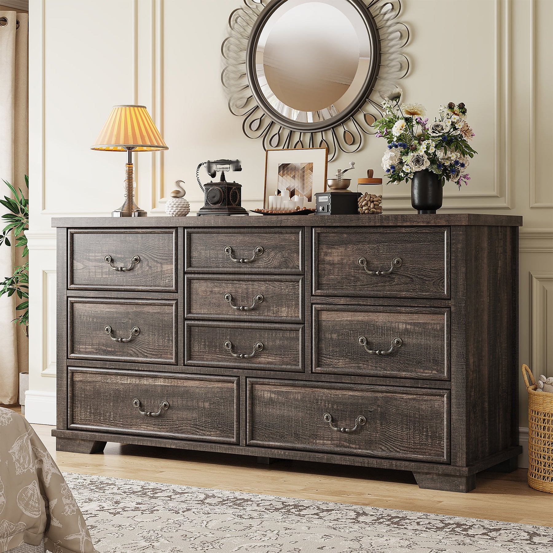 Enhomee Wood Dressers for Bedroom with 9 Drawers White Dresser Chest of Drawers for Living Room