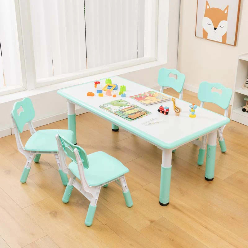 Kids Table and 4 Chairs Set, Height Adjustable Toddler Art Activity Desk with 4 Seats & Graffiti Desktop for Home, Daycare & Playroom