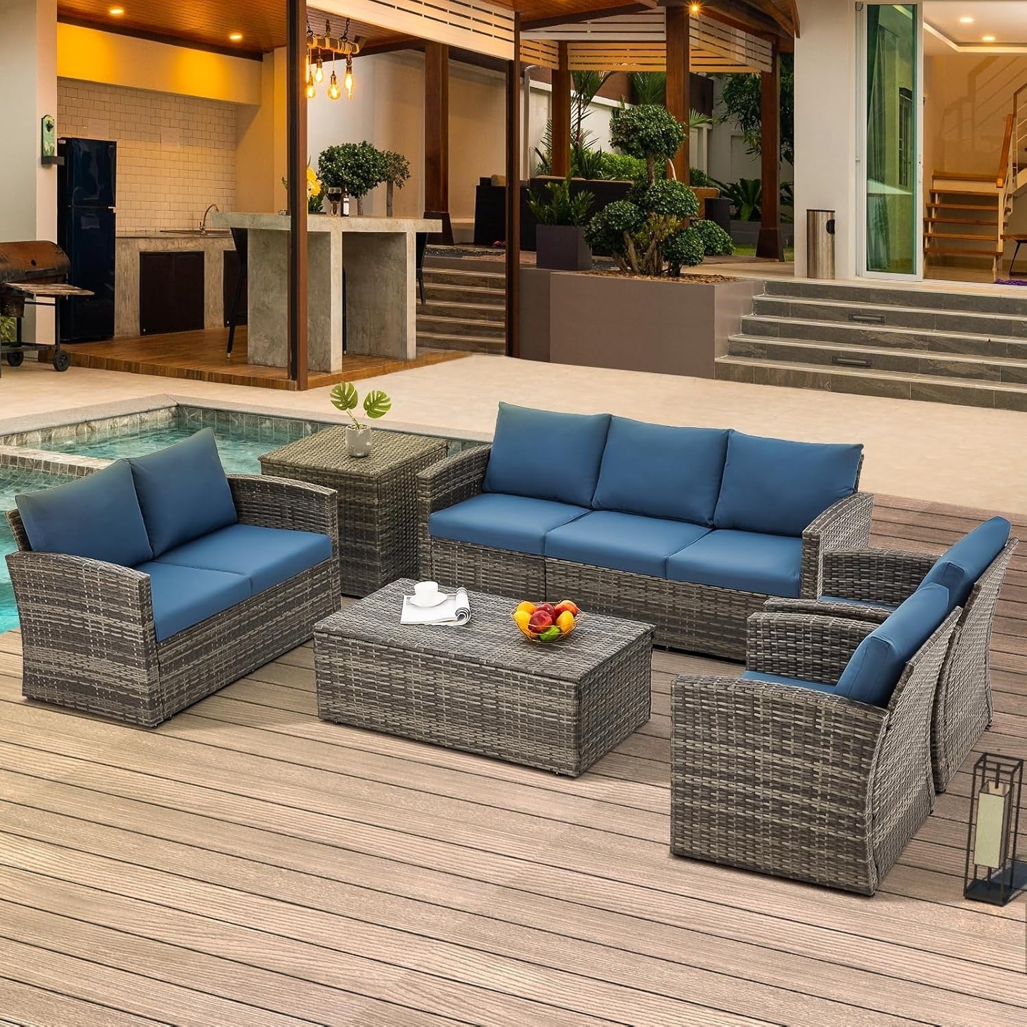 AECOJOY 7 PCS Outdoor Patio Furniture Sets with 2 Storage Boxes, Dark Blue
