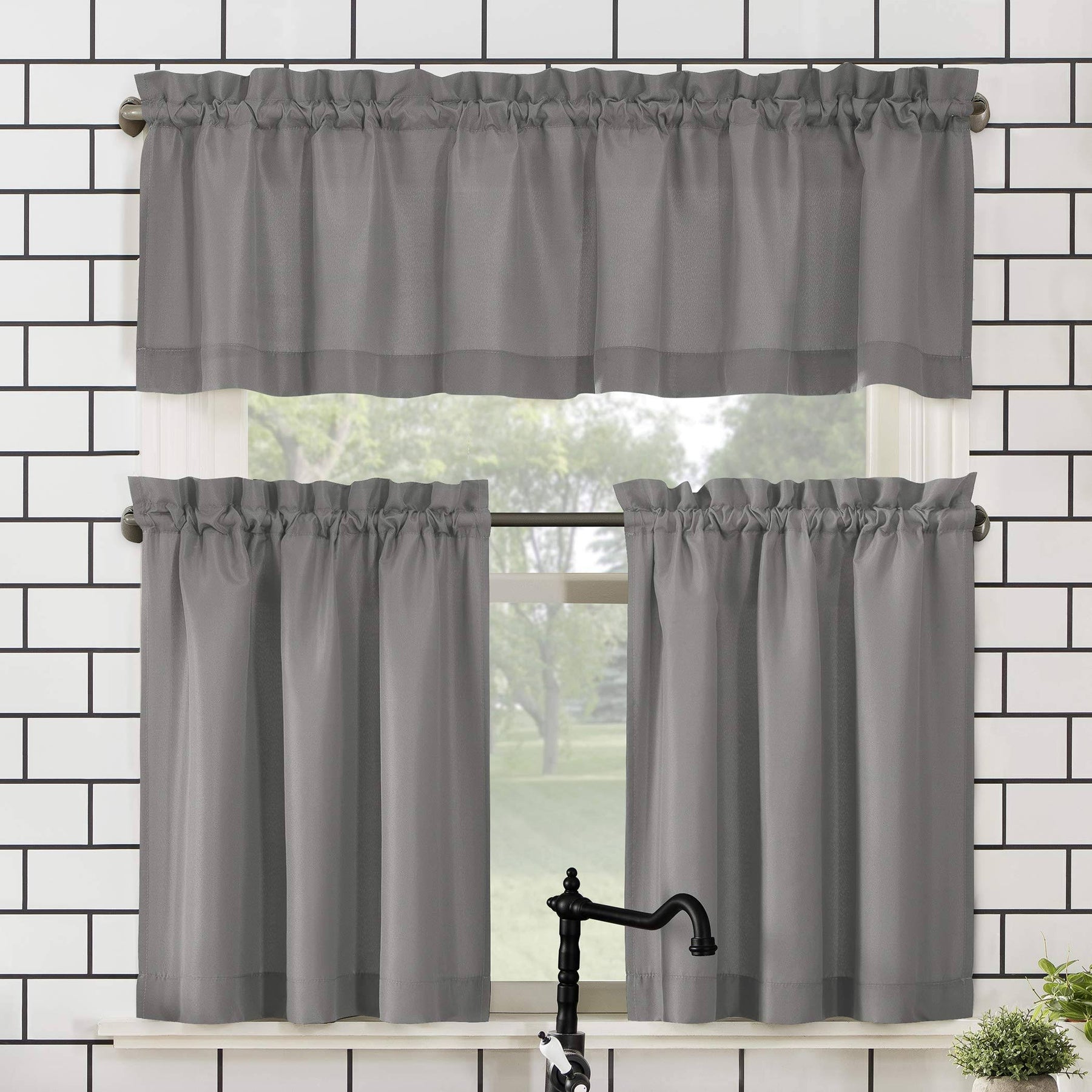 No. 918 Martine Microfiber Semi-Sheer Rod Pocket Kitchen Curtain Valance and Tiers Set - Gray - 54" x 24"
