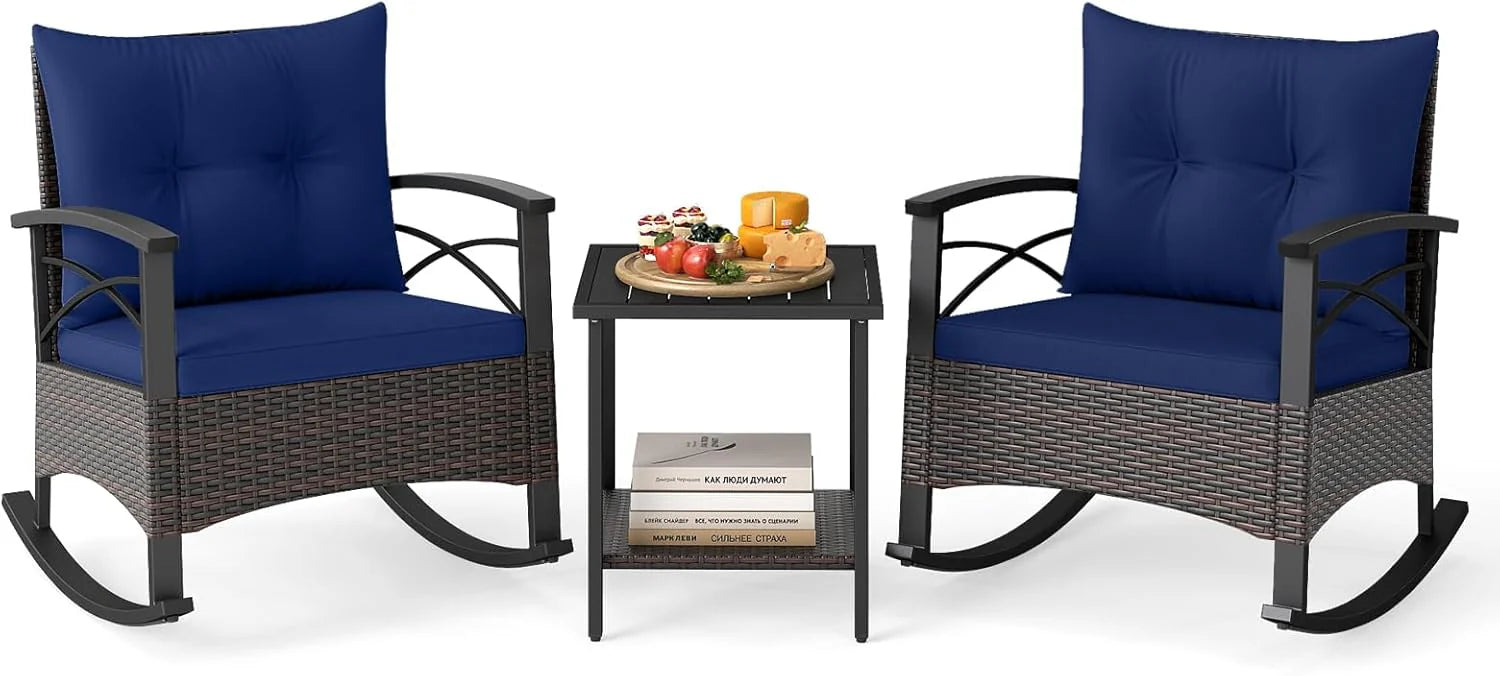 Tangkula 3 Piece Rocking Bistro Set PE Rattan Rocker Chairs with Acacia Wood Top Table