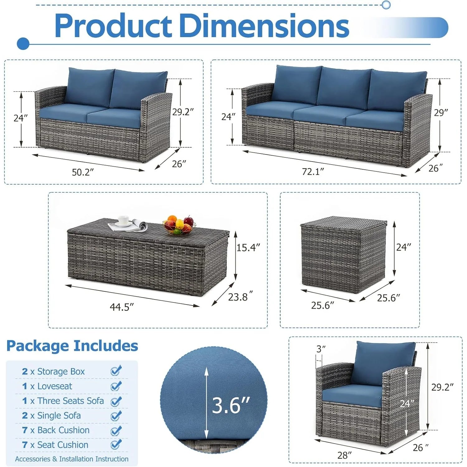 AECOJOY 7 PCS Outdoor Patio Furniture Sets with 2 Storage Boxes, Dark Blue