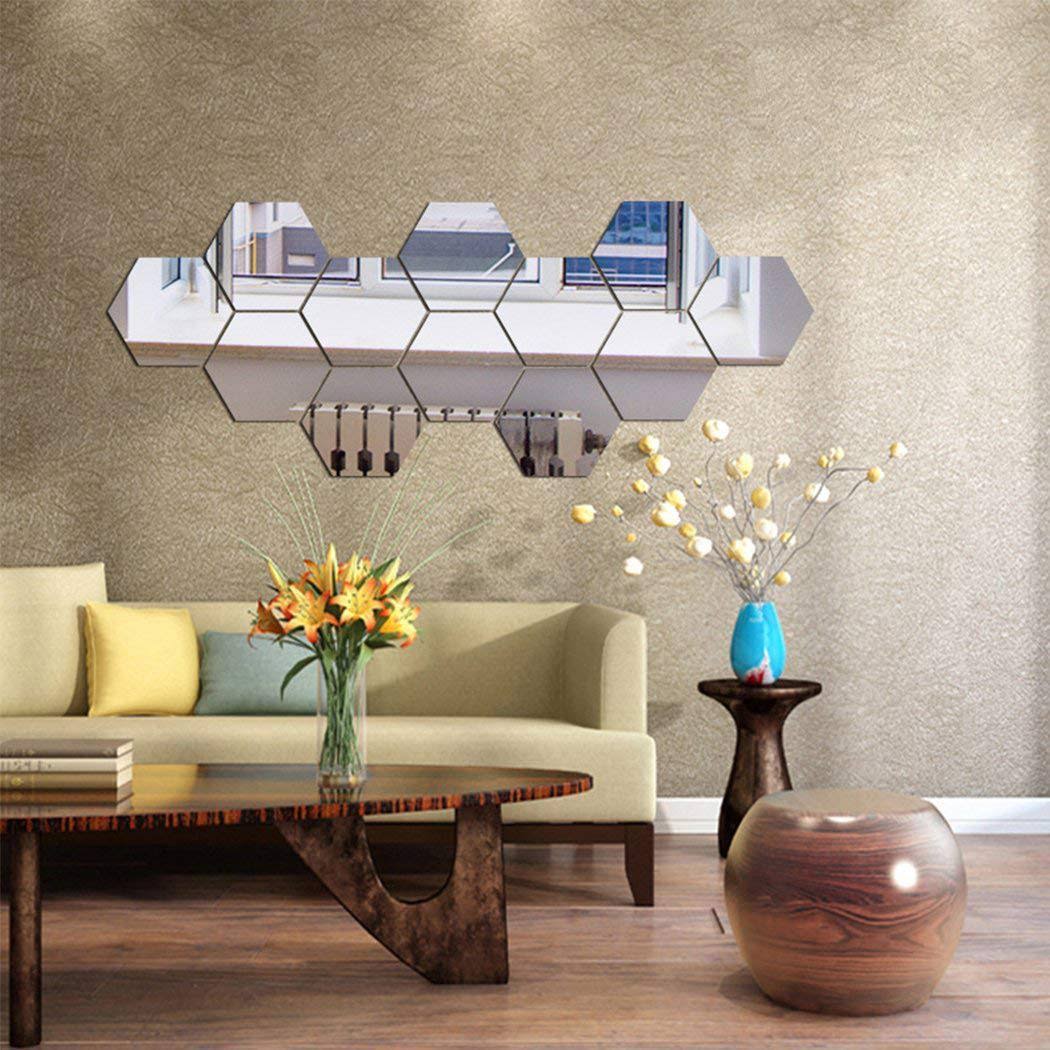 MCLEULLA Mirror Wall Stickers, 12pcs Hexagon Mirror Art DIY Home Decorative Hexagonal Acrylic Mirror Wall Sheet Plastic Mirror Tiles for Home Living