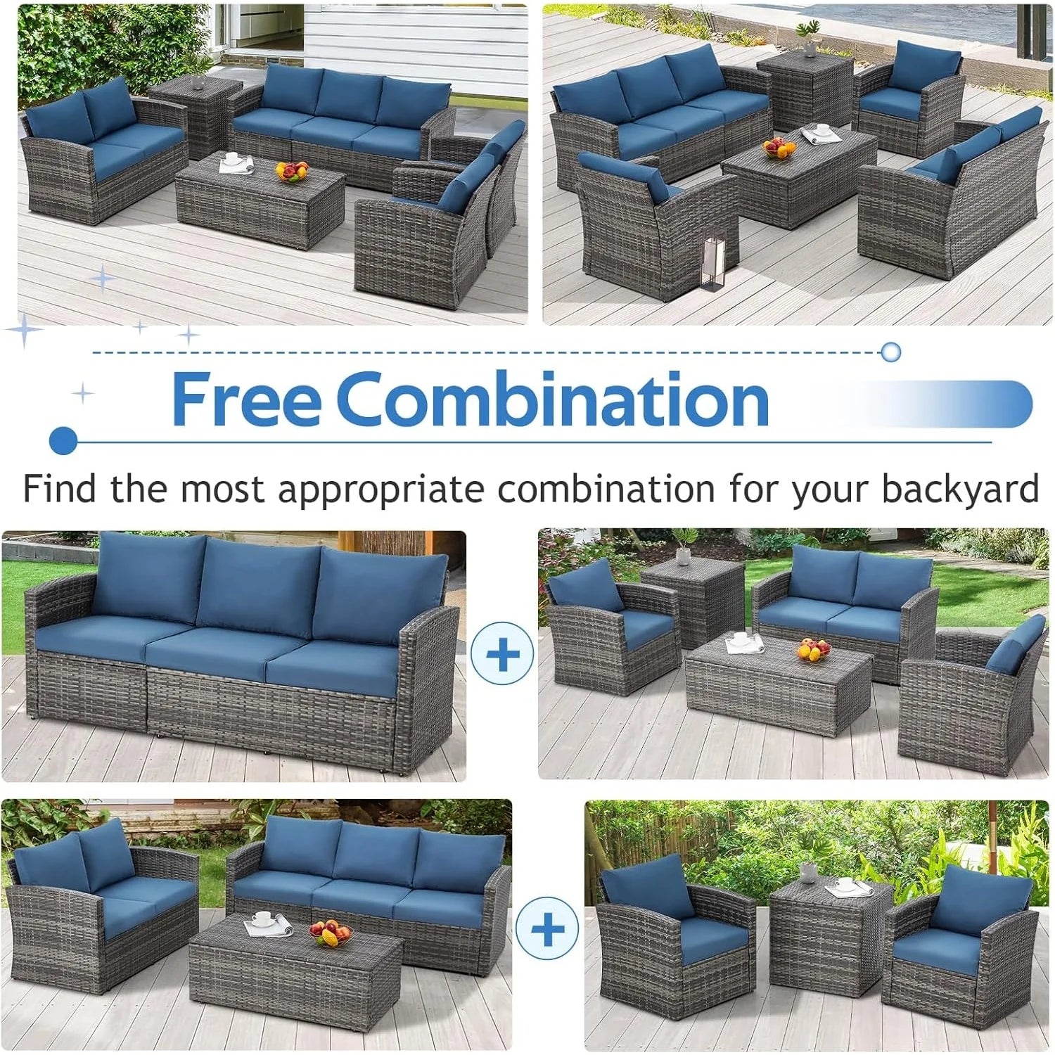 AECOJOY 7 PCS Outdoor Patio Furniture Sets with 2 Storage Boxes, Dark Blue