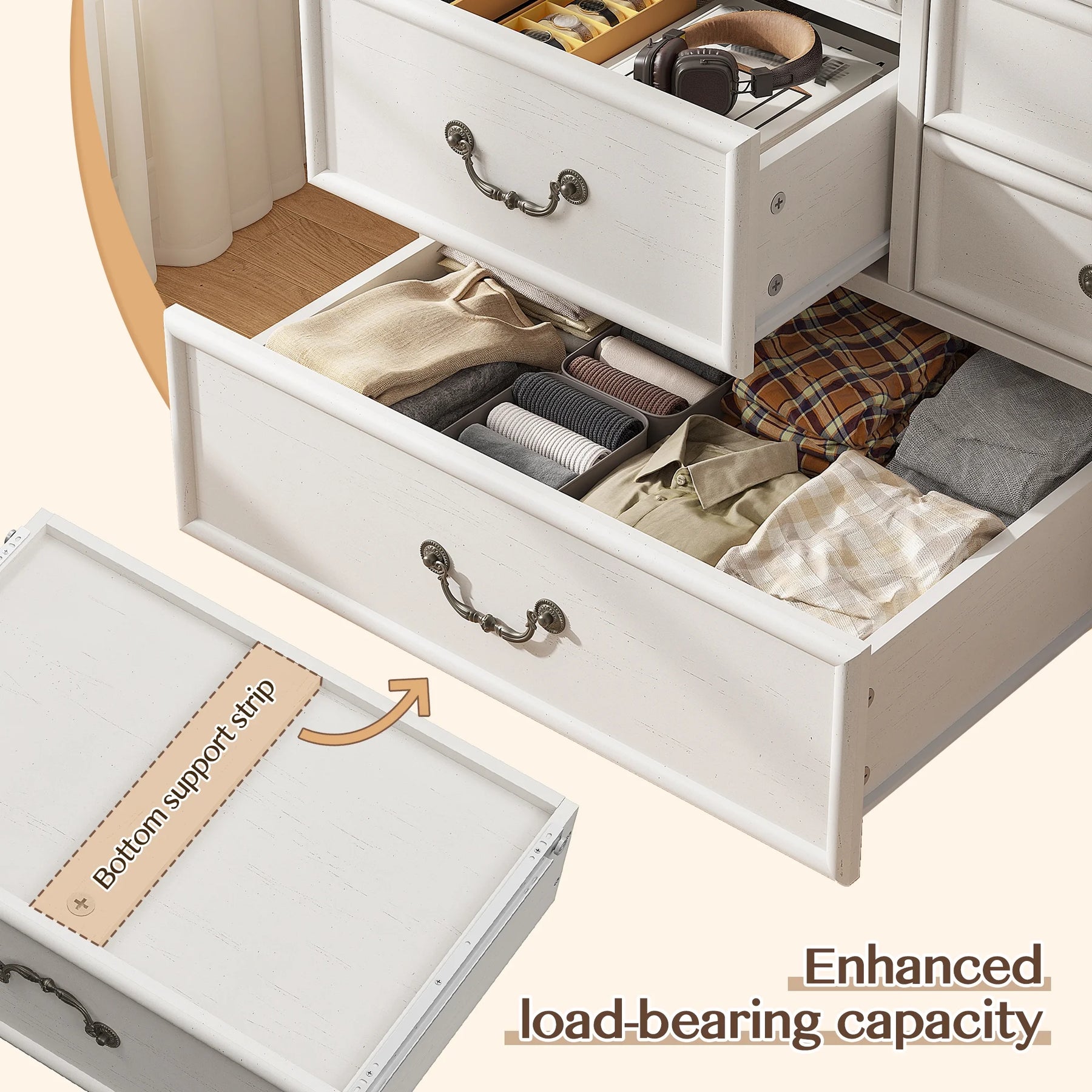 Enhomee Wood Dressers for Bedroom with 9 Drawers White Dresser Chest of Drawers for Living Room