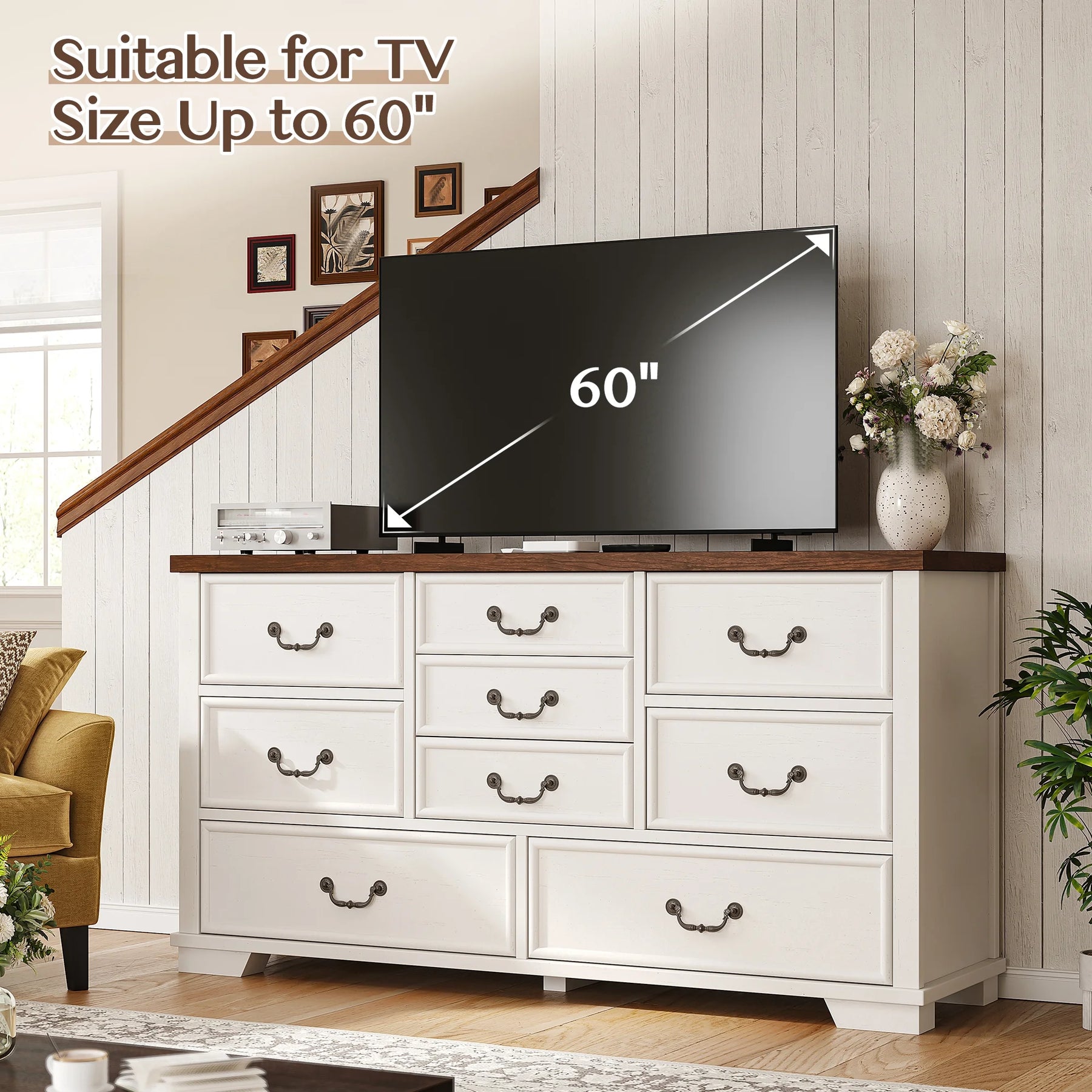 Enhomee Wood Dressers for Bedroom with 9 Drawers White Dresser Chest of Drawers for Living Room